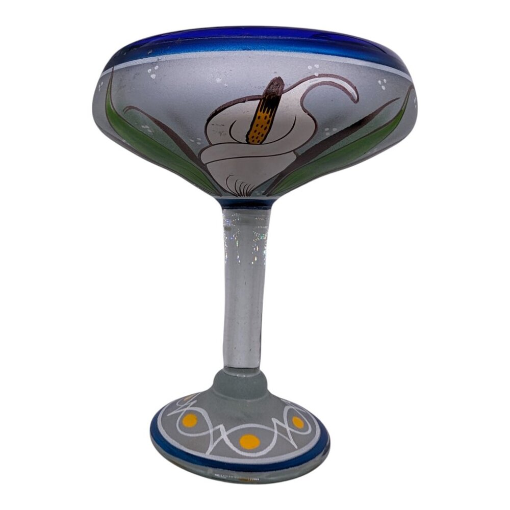 Set of 4 Hand Painted Mexican Blue Rim Margarita Glass White Calla Lilies Lily - Picture 3 of 16